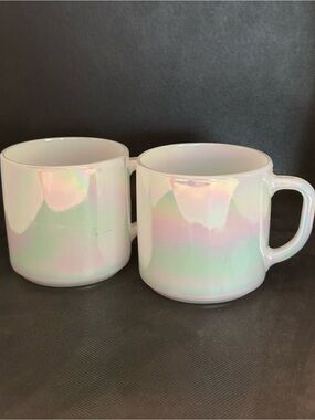Vintage Federal Milk Glass Iridescent White Ceramic Mug Set - Pastel Sheen